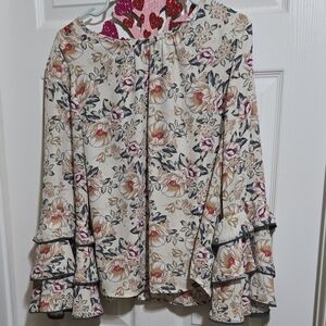 Floral Ruffle Sleeve Women's Top,Size Large,